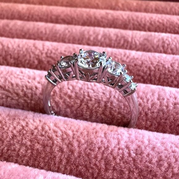 Estate Jewelry - Sterling Silver CZ Ring With Round Cut Trio Stones Elegant Design Size 9 PAJ 925